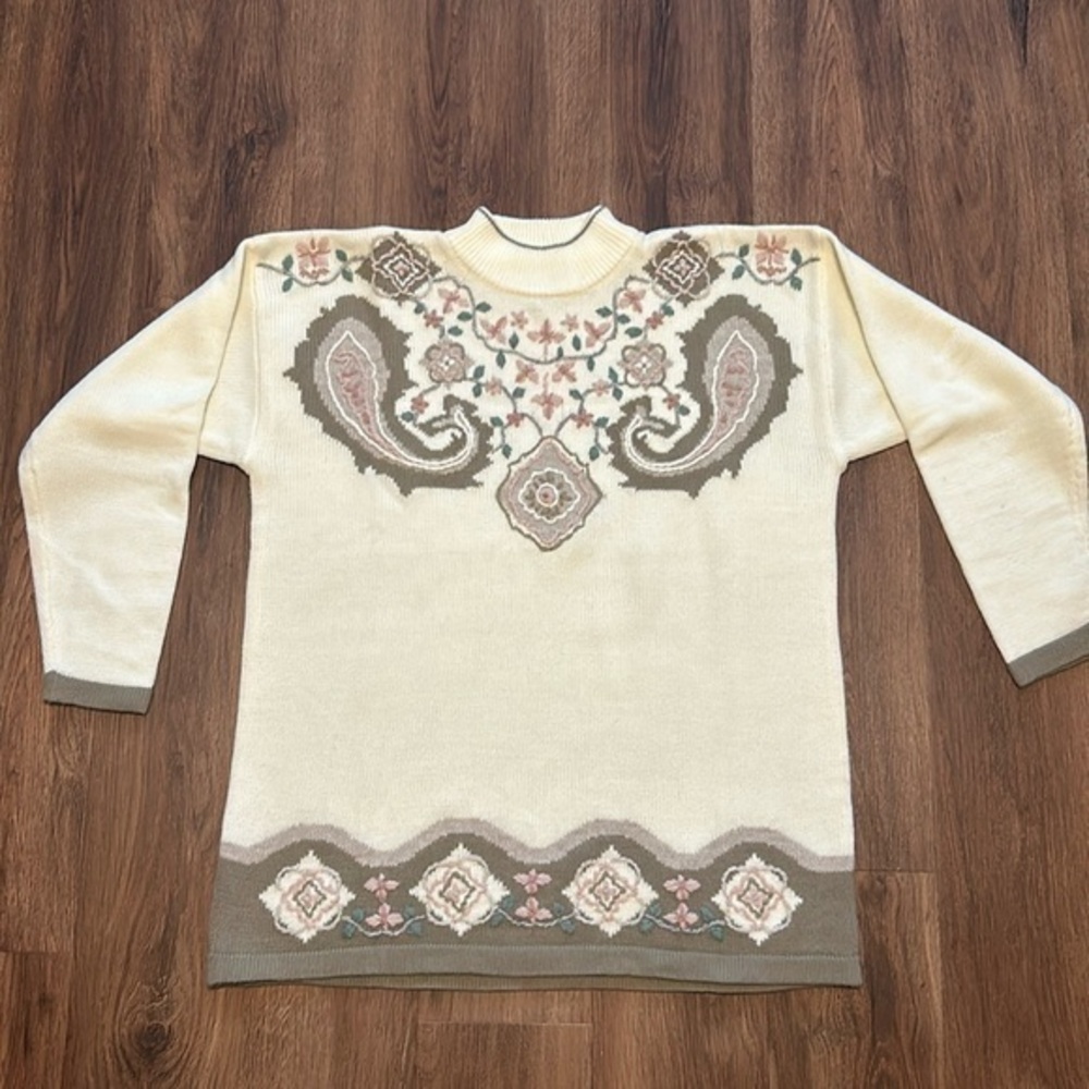 Dana Scott Sweater Cream Floral Green Pink Beige Large